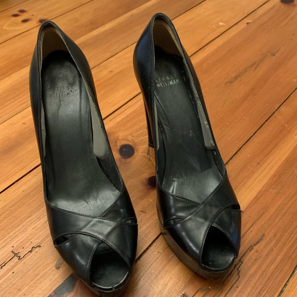 Stuart Weitzman platform black pumps open toe
